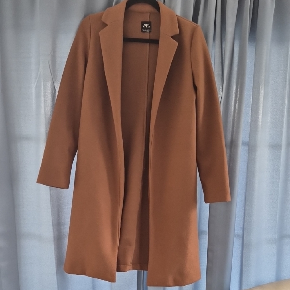 Zara Women's Lapel Brown Longline Coat With Pockets Small